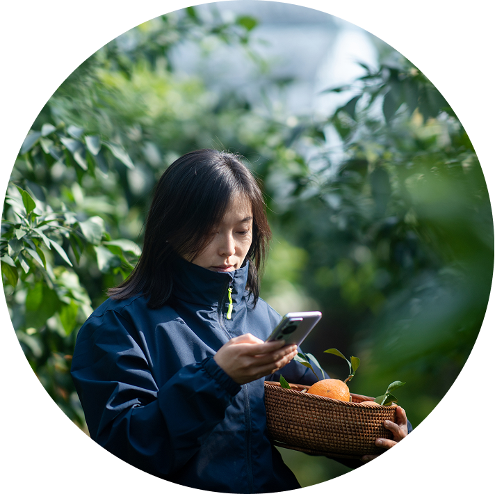 Individual in garden with smartphone