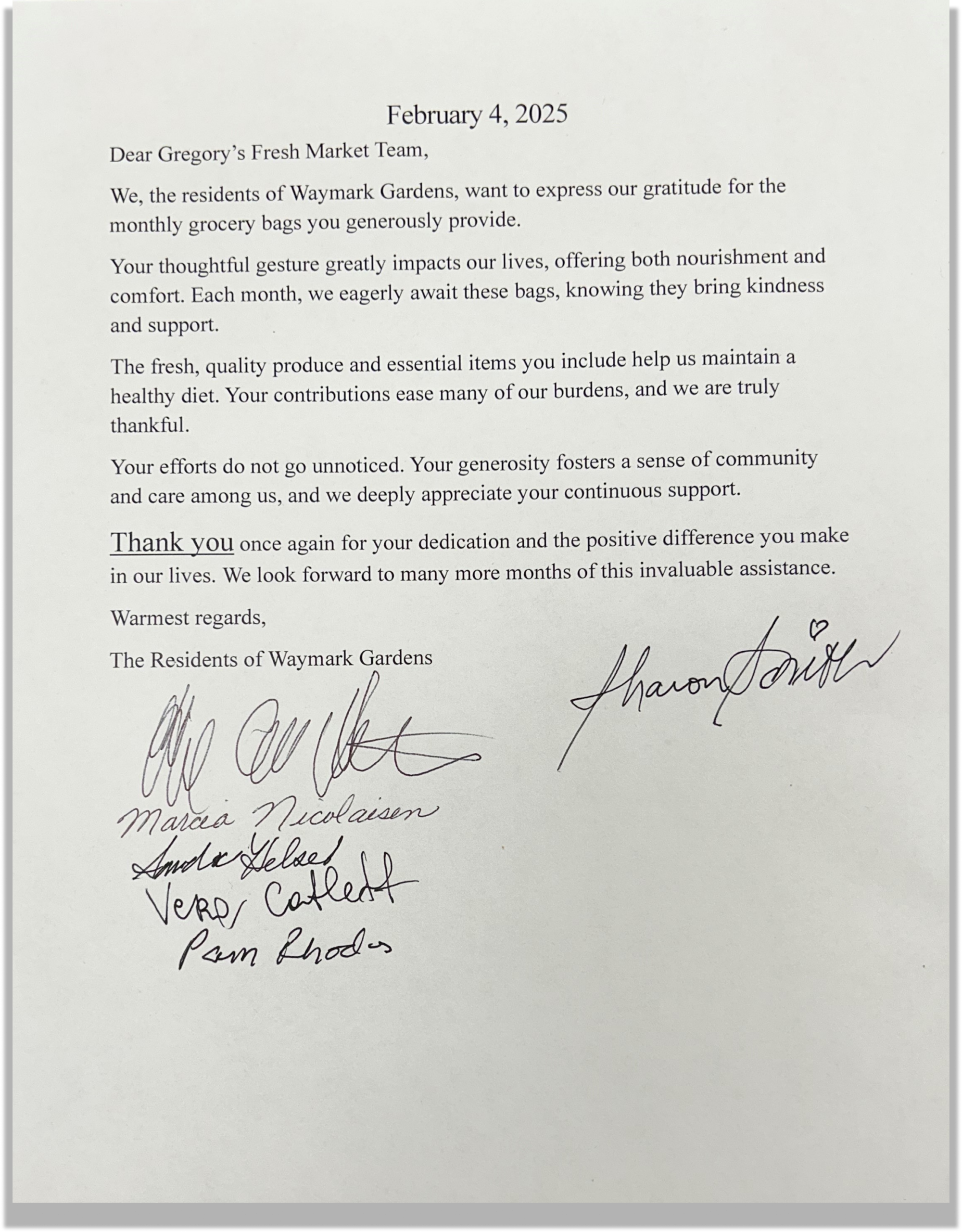 Signed thank-you letter from Waymark Gardens residents