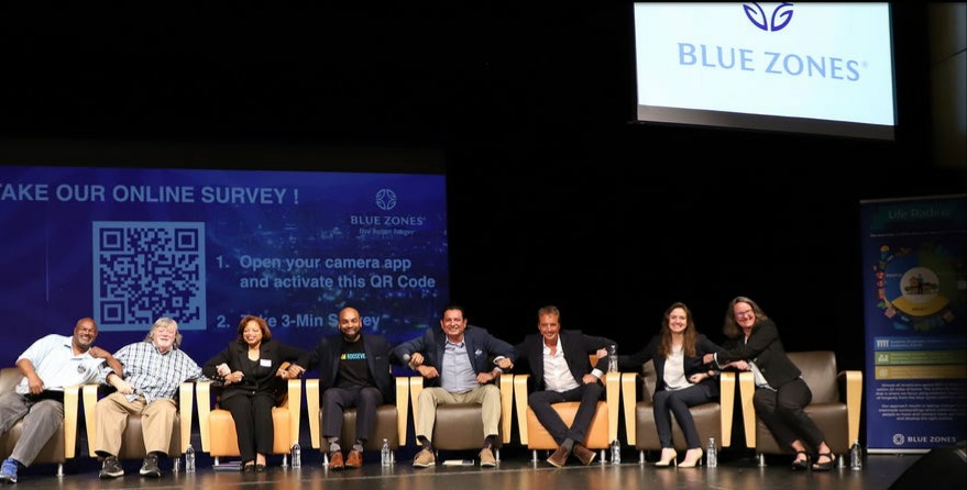 Panel of speakers on stage at Blue Zones