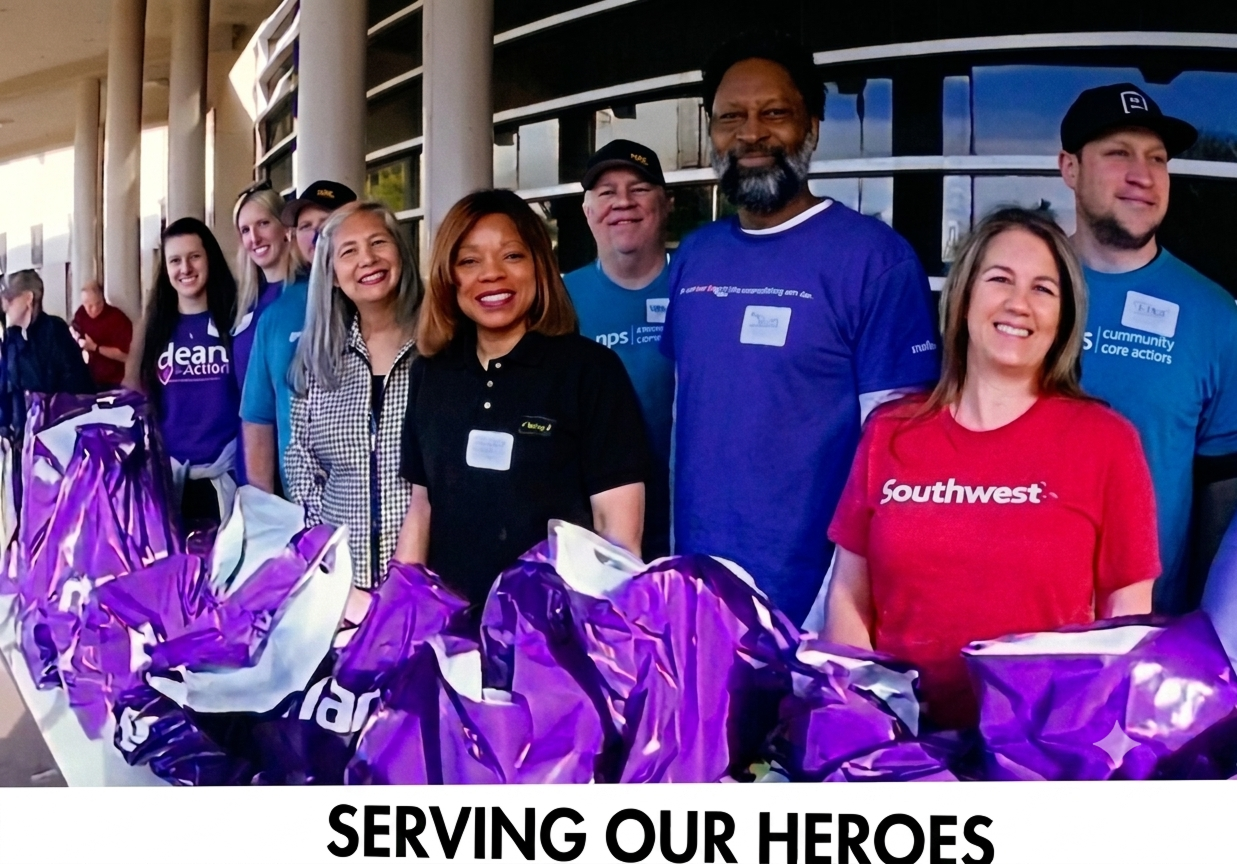 Volunteers assembling purple gift bags